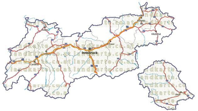 Landkarte, Straßenkarte und Gemeindekarte Tirol Bezirksgrenzen vielen Orten Flssen und Seen