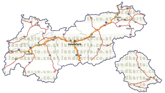Landkarte, Straßenkarte und Gemeindekarte Tirol Regionen vielen Orten