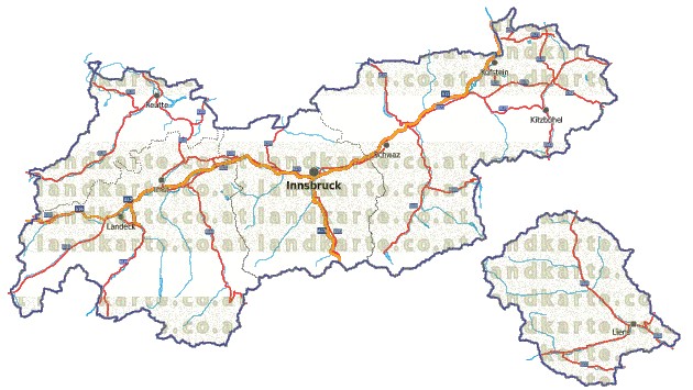Landkarte, Straßenkarte und Gemeindekarte Tirol Regionen vielen Orten Flssen und Seen