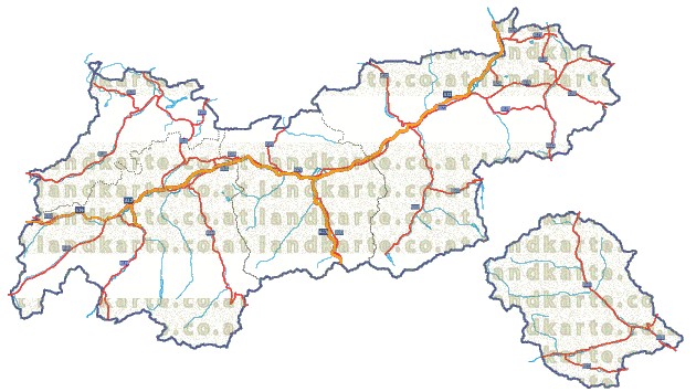 Landkarte und Straßenkarte Tirol Regionen Flssen und Seen