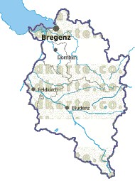 Landkarte und Gemeindekarte Vorarlberg Bezirksgrenzen vielen Orten Flssen und Seen