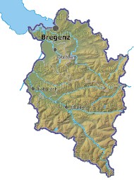 Landkarte und Gemeindekarte Vorarlberg Bezirksgrenzen vielen Orten Hhenrelief Flssen und Seen