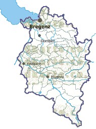 Landkarte und Gemeindekarte Vorarlberg Regionen und Gemeindegrenzen vielen Orten Flssen und Seen