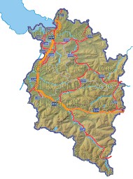 Landkarte und Straßenkarte Vorarlberg Bezirksgrenzen Hhenrelief Flssen und Seen