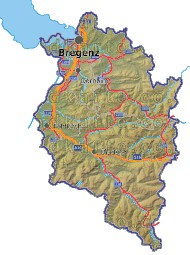 Landkarte, Straßenkarte und Gemeindekarte Vorarlberg Bezirksgrenzen vielen Orten Hhenrelief Flssen und Seen