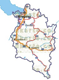 Landkarte, Straßenkarte und Gemeindekarte Vorarlberg vielen Orten Flssen und Seen
