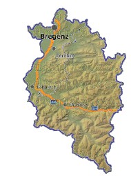 Landkarte, Straßenkarte und Gemeindekarte Vorarlberg Regionen vielen Orten Hhenrelief