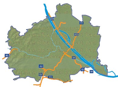 Landkarte und Straßenkarte Wien Hhenrelief Flssen und Seen