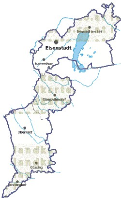 Landkarte und Gemeindekarte Burgenland Regionen vielen Orten Flssen und Seen