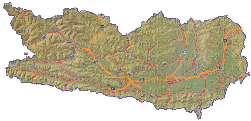 Landkarte und Straßenkarte Kaernten Bezirksgrenzen Hhenrelief