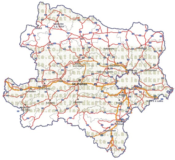 Landkarte, Straßenkarte und Gemeindekarte Niederoesterreich Bezirksgrenzen vielen Orten