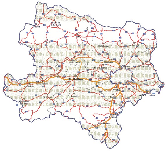 Landkarte, Straßenkarte und Gemeindekarte Niederoesterreich Regionen vielen Orten