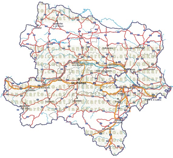 Landkarte, Straßenkarte und Gemeindekarte Niederoesterreich Regionen vielen Orten Flssen und Seen