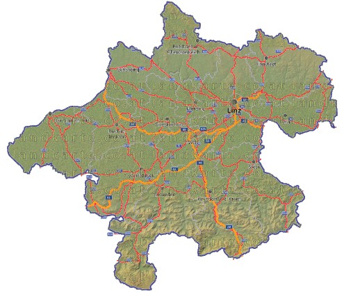 Landkarte, Straßenkarte und Gemeindekarte Oberoesterreich Bezirksgrenzen vielen Orten Hhenrelief