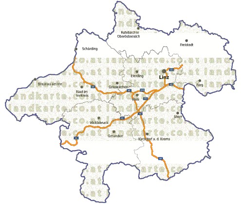 Landkarte, Straßenkarte und Gemeindekarte Oberoesterreich Regionen vielen Orten