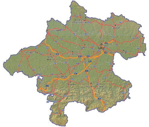 Landkarte, Straßenkarte und Gemeindekarte Oberoesterreich Regionen vielen Orten Hhenrelief