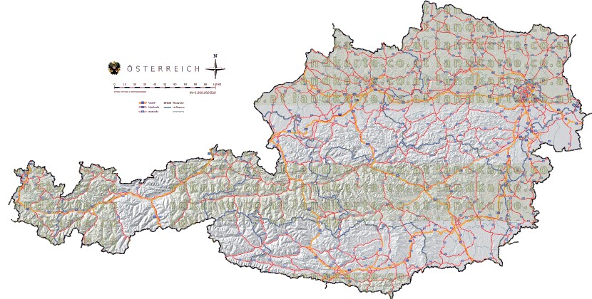 Landkarte und Straßenkarte Oesterreich Bezirksgrenzen Hhenrelief