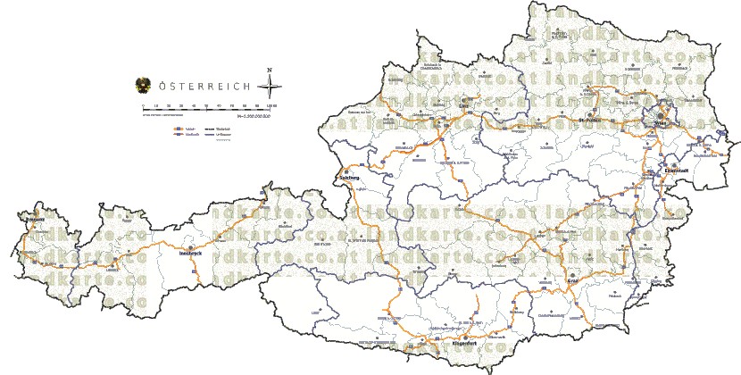 Landkarte, Straßenkarte und Gemeindekarte Oesterreich Bezirksgrenzen vielen Orten