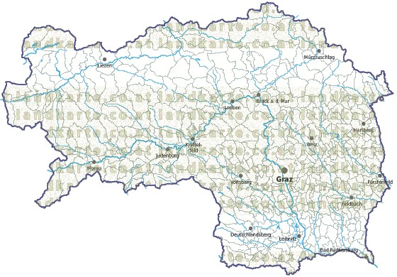 Landkarte und Gemeindekarte Steiermark Gemeindegrenzen vielen Orten Flssen und Seen