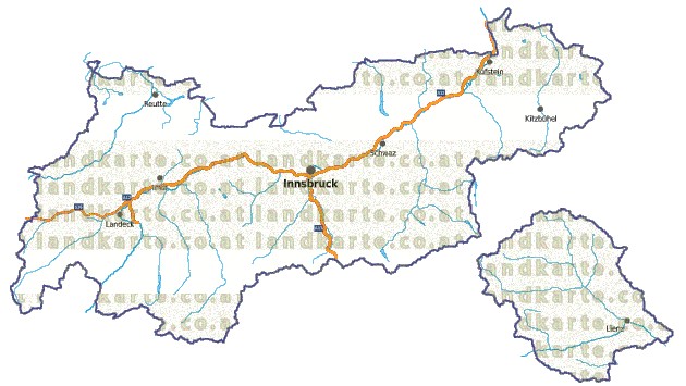 Landkarte, Straßenkarte und Gemeindekarte Tirol vielen Orten Flssen und Seen