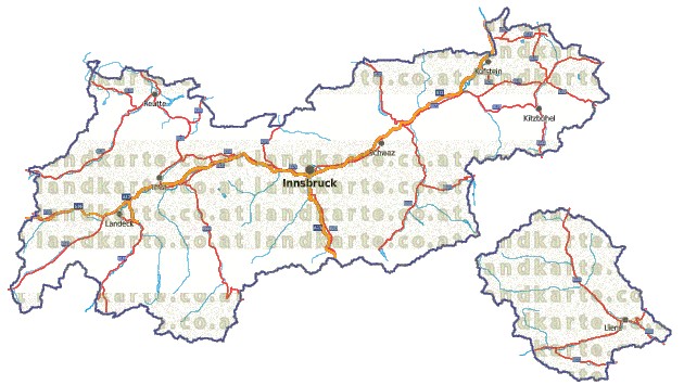 Landkarte, Straßenkarte und Gemeindekarte Tirol vielen Orten Flssen und Seen